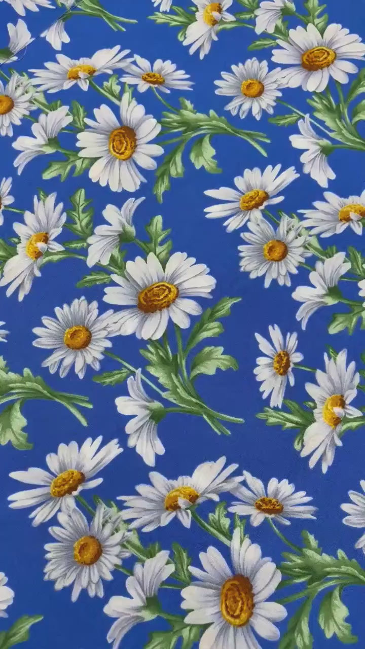 Daisy Cotton Fabric Yardage: All About Daisies, Medium Blue, White, Benartex
