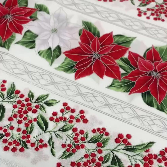 Poinsettia Border Stripe Yardage: Blooming Holidays Ice Silver by Hoffman
