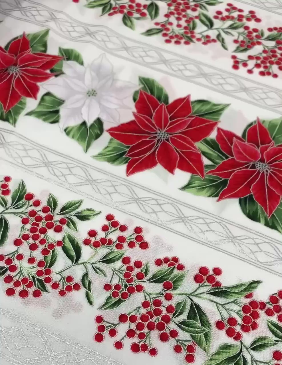 Poinsettia Border Stripe Yardage: Blooming Holidays Ice Silver by Hoffman