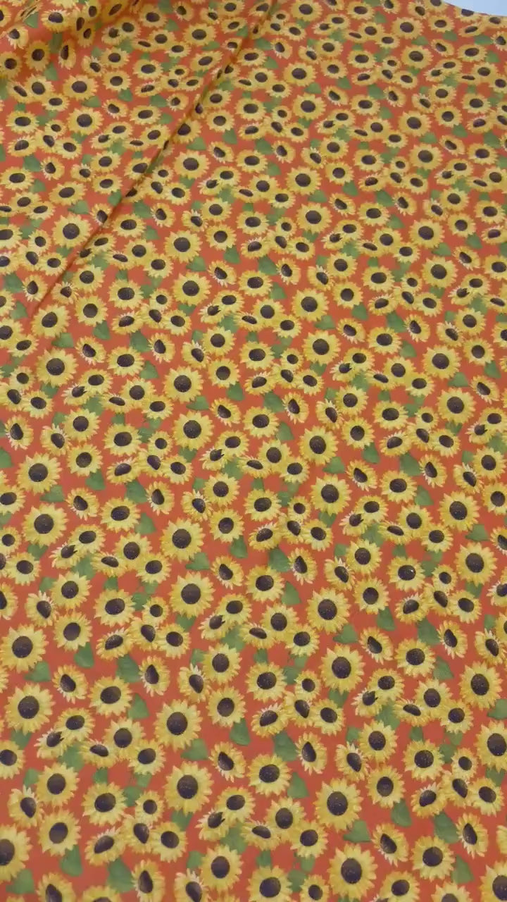 Sunflower Garden Fall Cotton Fabric Yardage, Orange, Enchanted Forest, Benartex