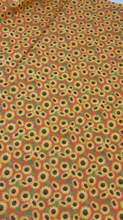 Sunflower Garden Fall Cotton Fabric Yardage, Orange, Enchanted Forest, Benartex