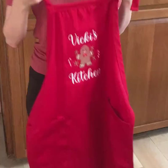 Christmas Gingerbread Apron, Red Apron, Embroidered, Personalized, Kitchen Apron