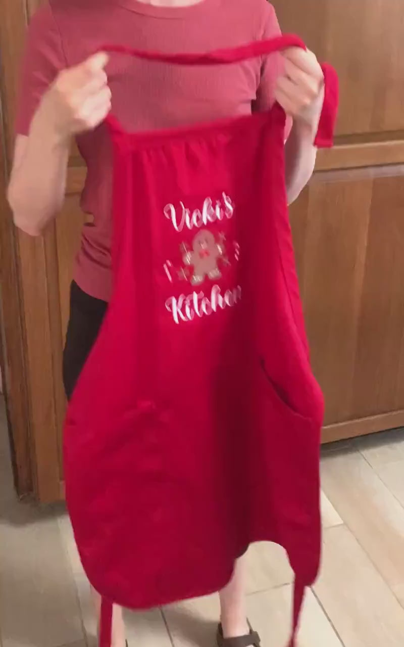 Christmas Gingerbread Apron, Red Apron, Embroidered, Personalized, Kitchen Apron