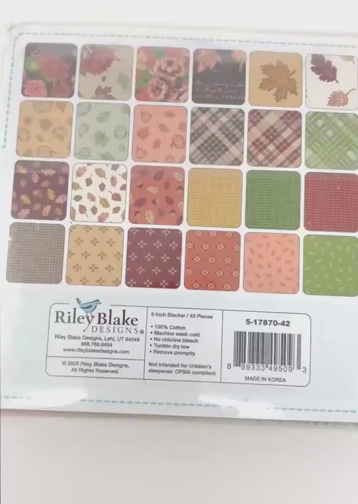 Fall Harvest Fabric Squares, Cozy Autumn, Charm Pack, Riley Blake, Beverly McCullough, 5 inches, 42 squares