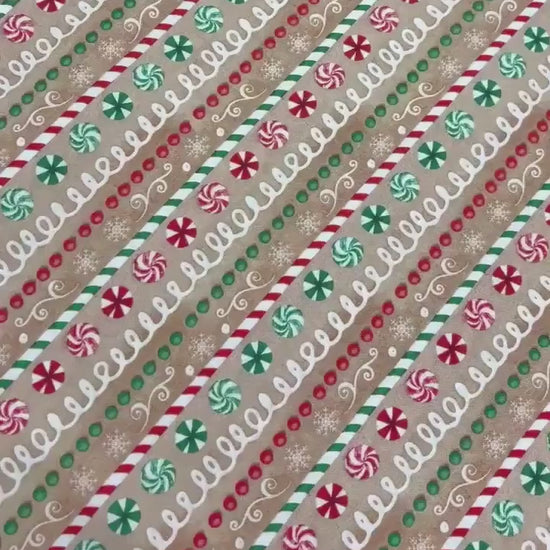 Christmas Fabric Yardage: Tan, Repeating Stripe, Very Merry Gingerbread, Beth Albert, 3 Wishes