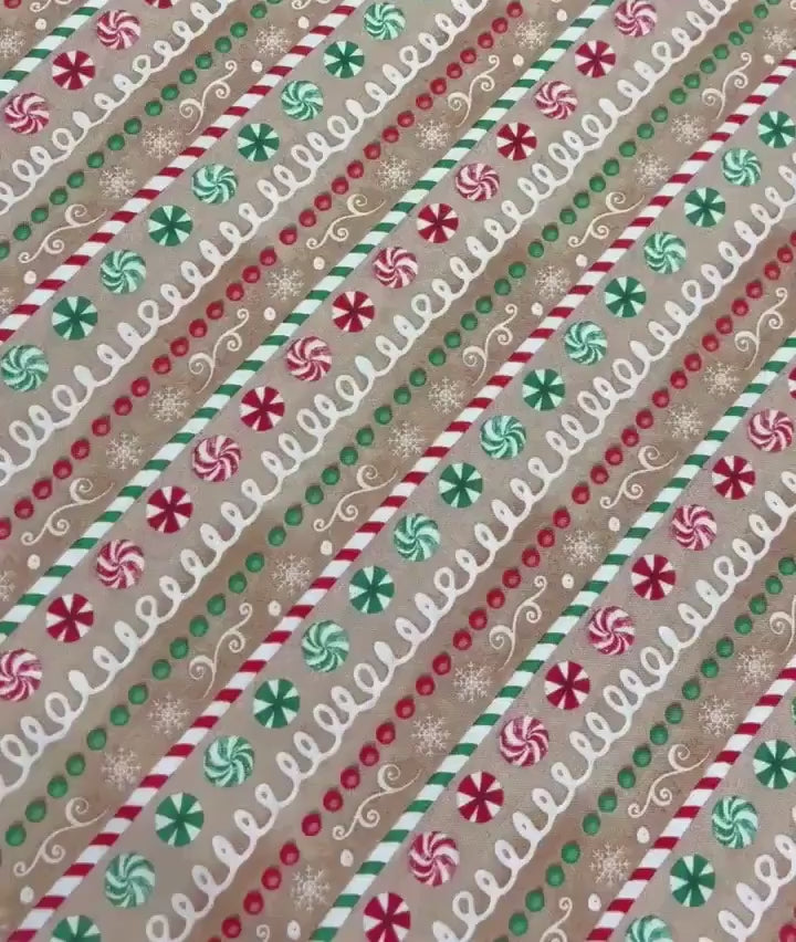 Christmas Fabric Yardage: Tan, Repeating Stripe, Very Merry Gingerbread, Beth Albert, 3 Wishes