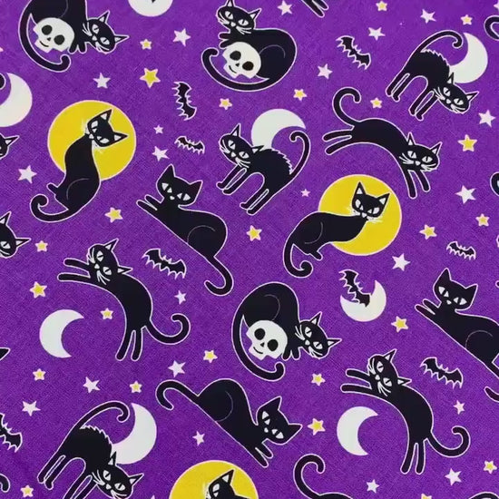 Halloween Fabric Yardage: Purple Spooky Cats, Glow in the Dark - Benartex
