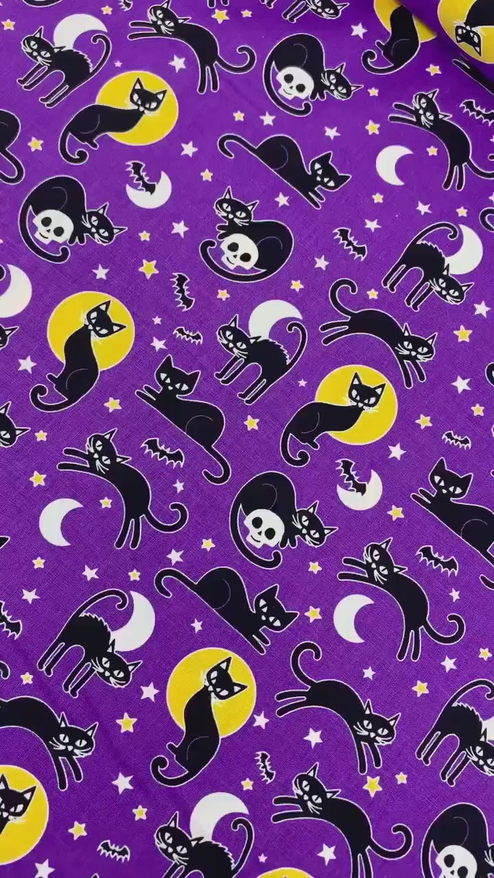Halloween Fabric Yardage: Purple Spooky Cats, Glow in the Dark - Benartex