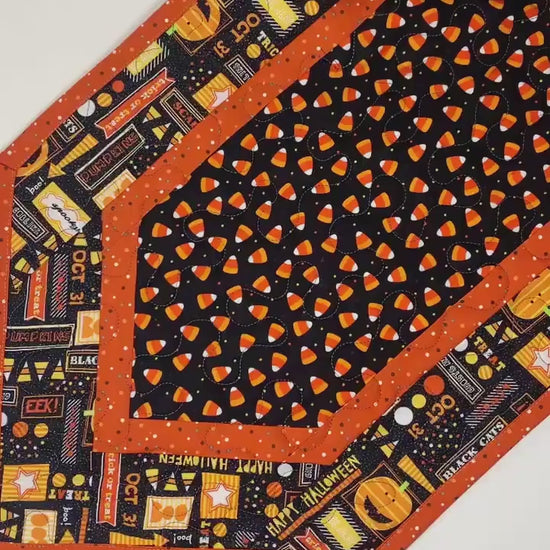 Halloween Table Runner Quilt, Candy Corn, Orange, Black, Yellow, Handmade Quilt