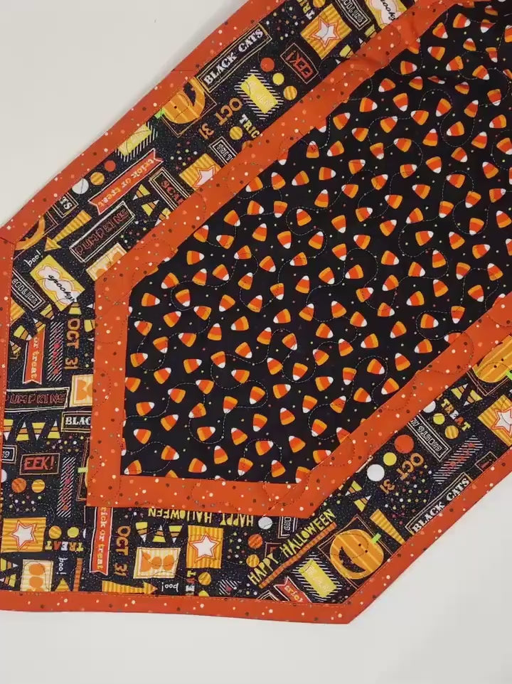 Halloween Table Runner Quilt, Candy Corn, Orange, Black, Yellow, Handmade Quilt
