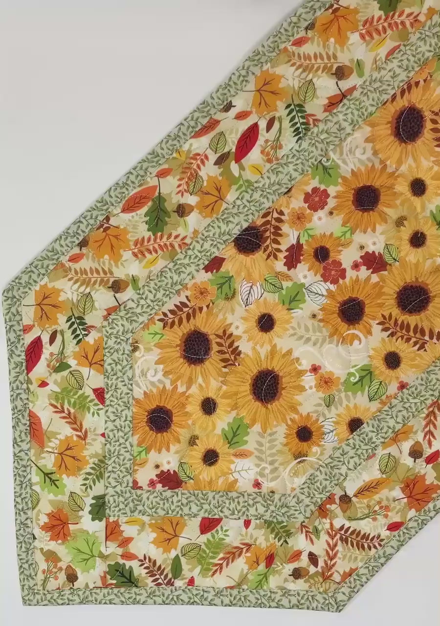 Sunflower Fall Table Runner Quilt, Yellow, Brown, Green,Handmade Quilt