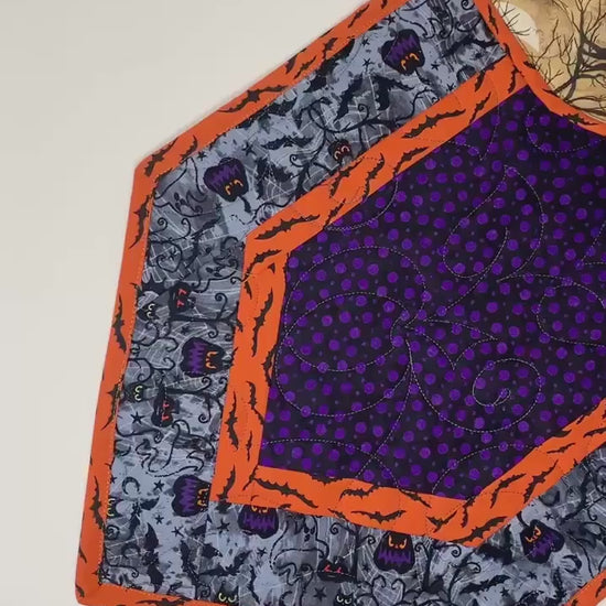 Halloween Table Runner Quilt, Pumpkins, Bats, Purple, Orange, Gray, Handmade Quilt