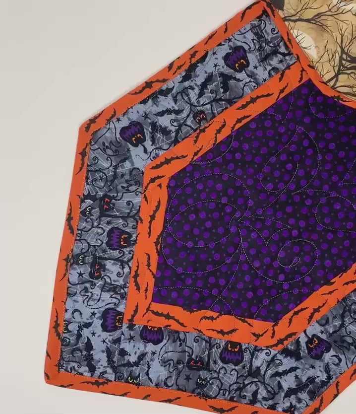 Halloween Table Runner Quilt, Pumpkins, Bats, Purple, Orange, Gray, Handmade Quilt