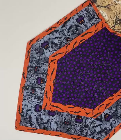 Halloween Table Runner Quilt, Pumpkins, Bats, Purple, Orange, Gray, Handmade Quilt