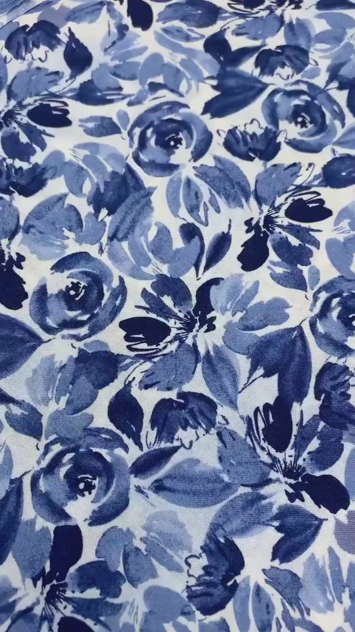 Blue White Floral Fabric Yardage, Dreaming in Blue, Packed Flowers, Wilmington Prints