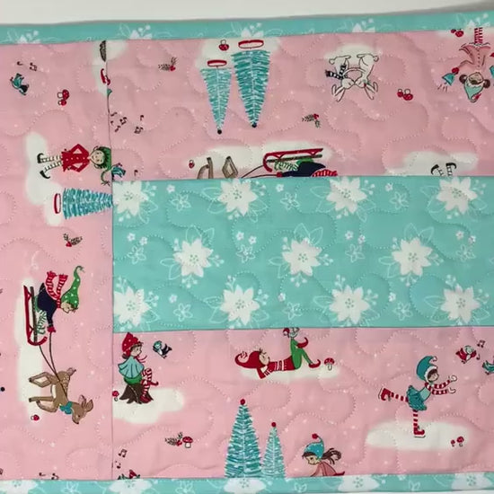 Winter Table Runner Quilt, Pink, Blue, Handmade
