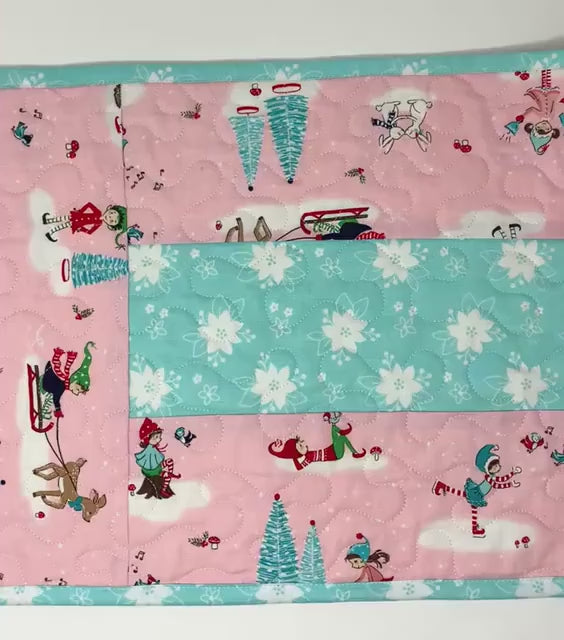 Winter Table Runner Quilt, Pink, Blue, Handmade