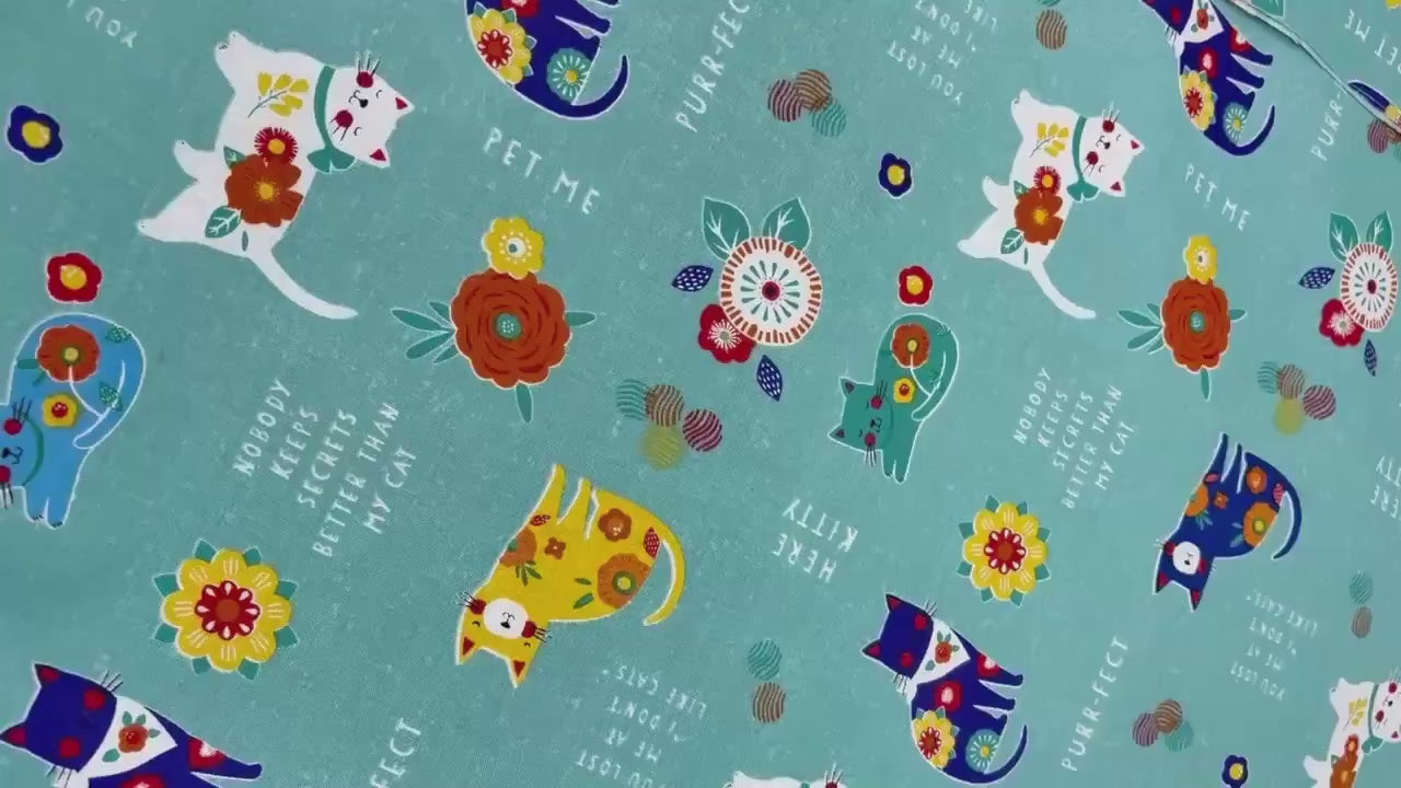 Cat Yardage, Fe-line Frisky, All Over Cats on Teal, Wilmington Prints