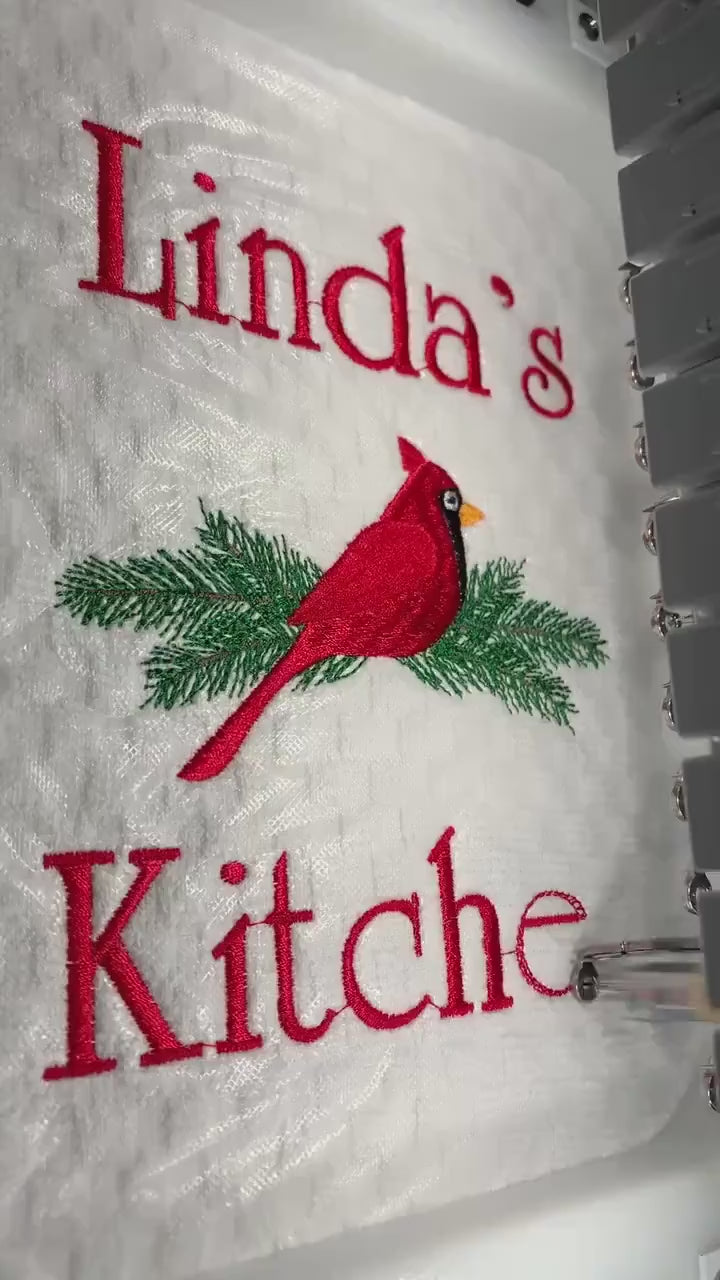 Personalized Christmas Towel, Red Cardinal Kitchen Towel Gift, Christmas Gift, Red Bird  Towel, Personalized Gift, Embroidered Towel