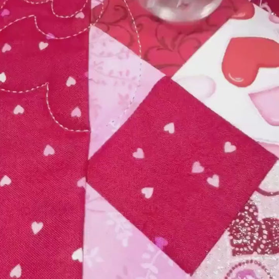 Handmade Valentine's Day Quilted Table Topper, Red Pink Heart Decor