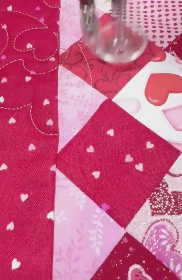 Handmade Valentine's Day Quilted Table Topper, Red Pink Heart Decor