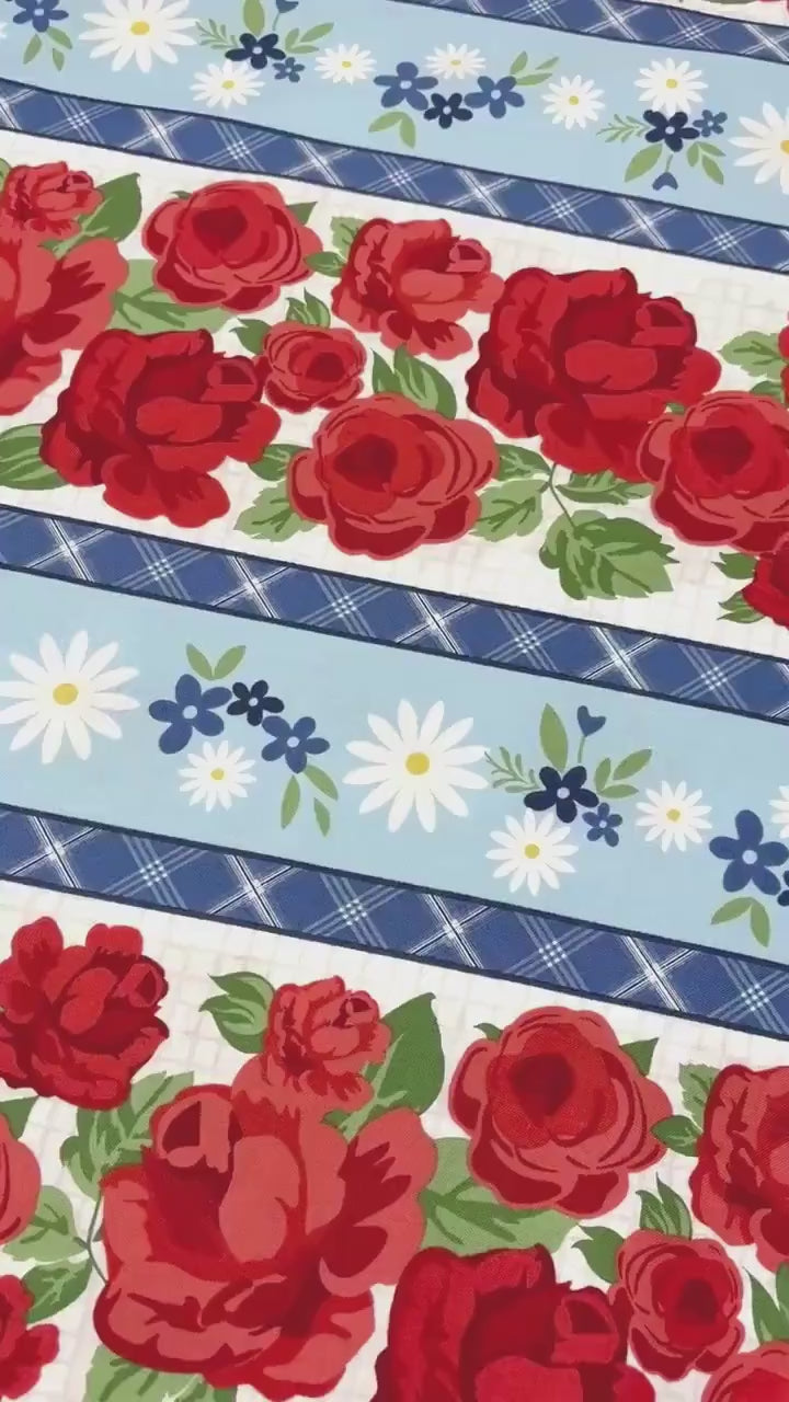 Floral Stripe Border Fabric: Summertime Daydream Stripe, Roses - Wilmington