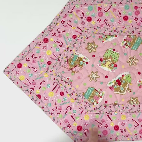 Gingerbread Houses Quilted Table Runner: Handmade Christmas Decor, Pink Coquette, 15x49