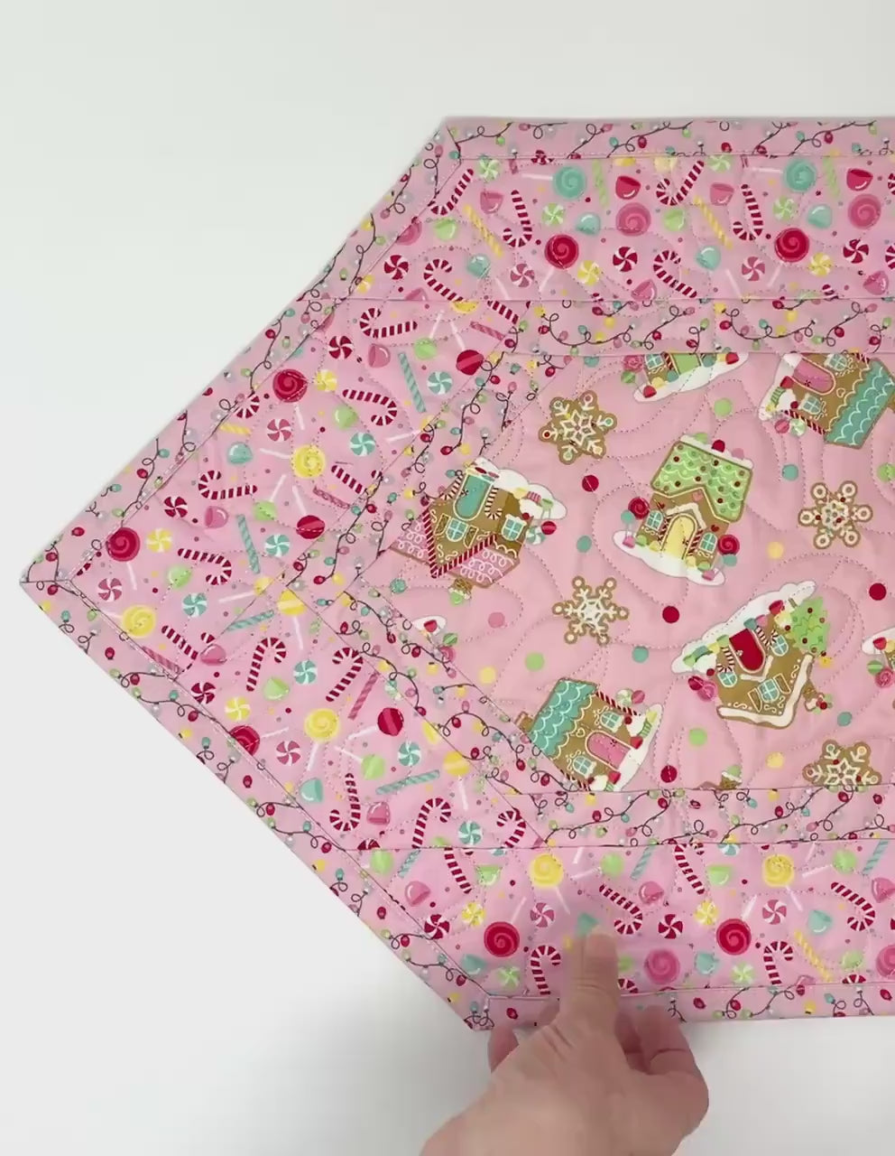 Gingerbread Houses Quilted Table Runner: Handmade Christmas Decor, Pink Coquette, 15x49