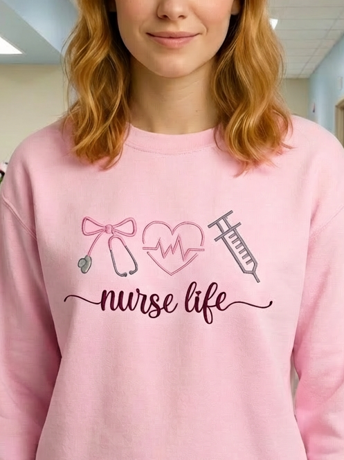 Nurse Life  Sweatshirt: Embroidered Medical, Stethoscope, Heart, Syringe, Crewneck, Pink, White