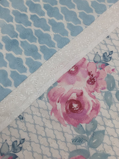 Table Runner Quilt, Shabby Chic, Blue, Trellis, Pink, Floral, White, Handmade Table Runner Quilt