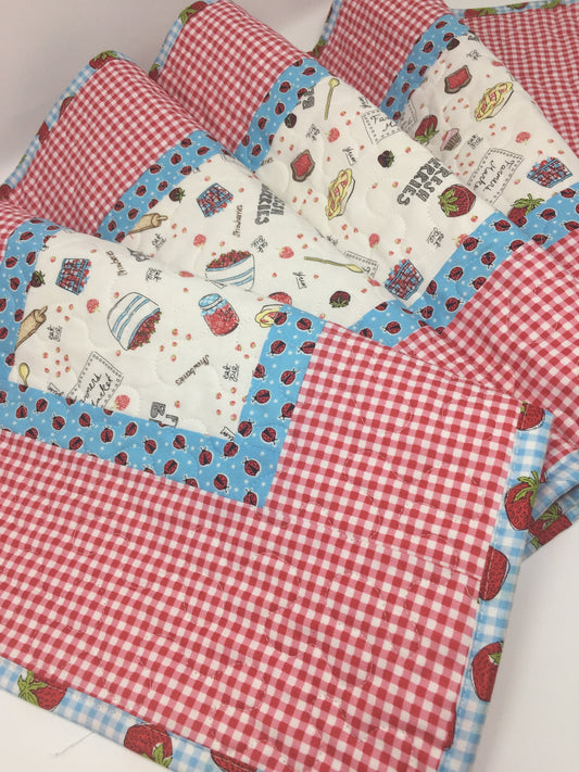 Summer Picnic Table Runner Quilt, Red, Blue, Lady Bugs, Strawberries, Handmade Table Runner Quilt