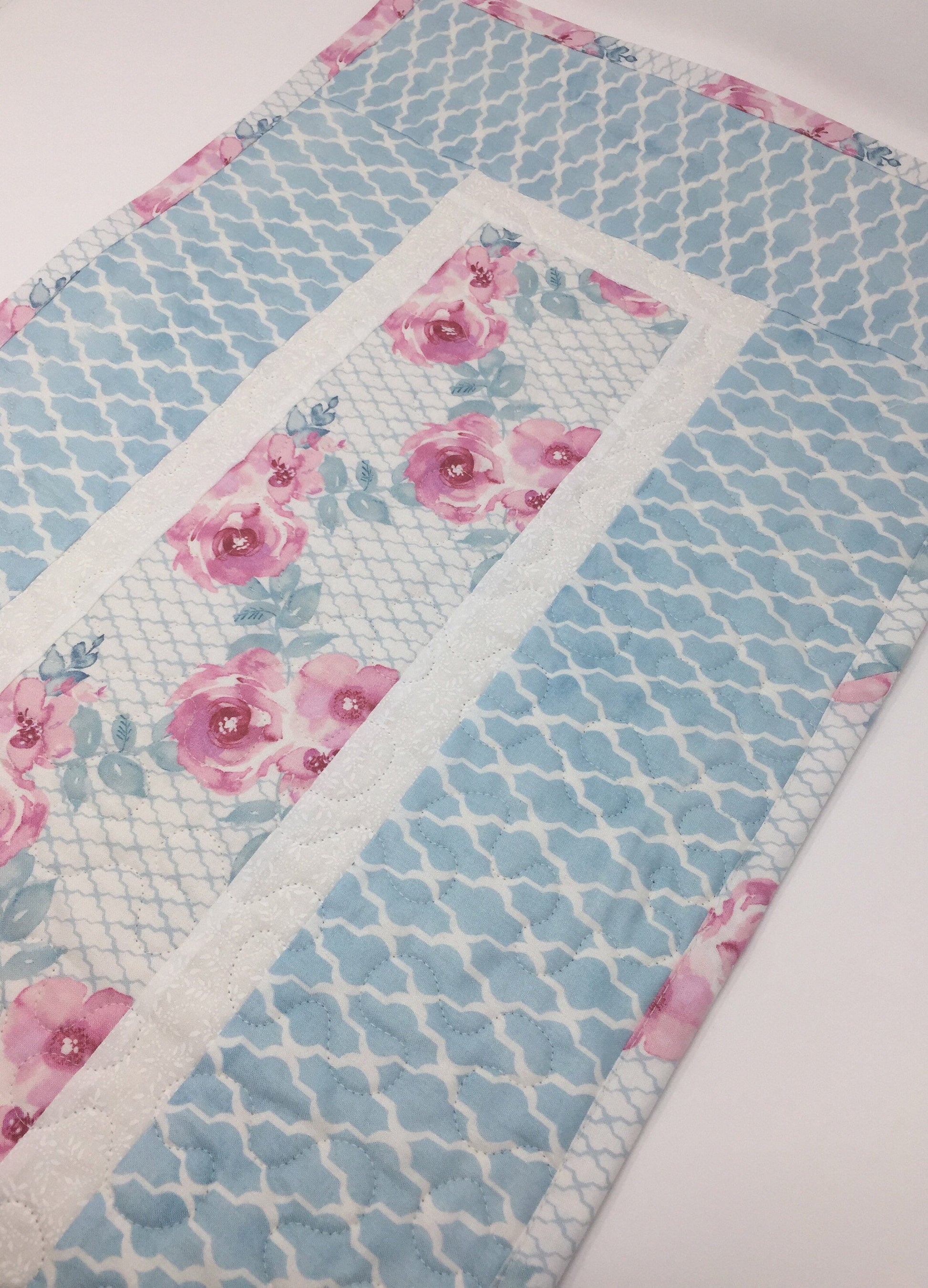 Table Runner Quilt, Shabby Chic, Blue, Trellis, Pink, Floral, White, Handmade Table Runner Quilt