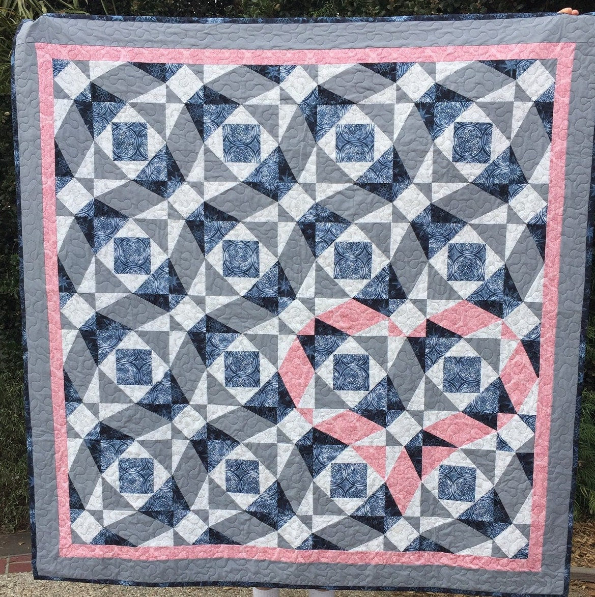 Storm at Sea Quilt, Wallhanging Couch Throw, Navy, Blue, White, Pink, 62"W x 62"L, Handmade