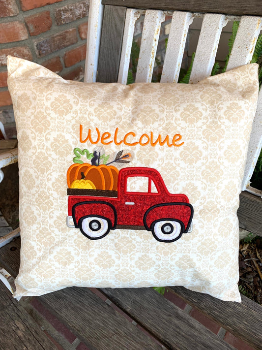 Fall Throw Pillow Cover, Pumpkins, Red Truck, Appliqué Cover, Autumn Decor