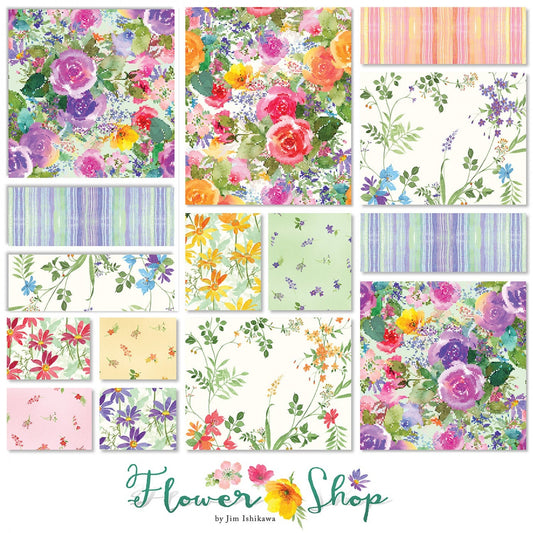 Flower Shop - Floral Fabric Strips, Pink, Lavender, Blue, Green, 2.5 inch strips, Clothworks