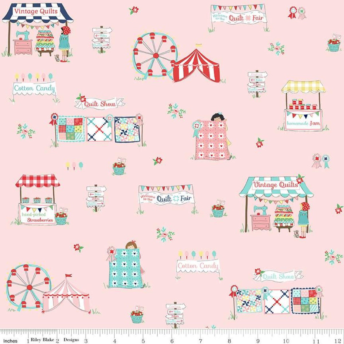 Quilt Fair pink yardage, Flowers, Quilts, Fair Scene, Pink, White, Riley Blake, Cotton Fabric Yardage