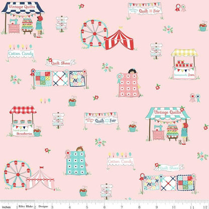 Quilt Fair pink yardage, Flowers, Quilts, Fair Scene, Pink, White, Riley Blake, Cotton Fabric Yardage