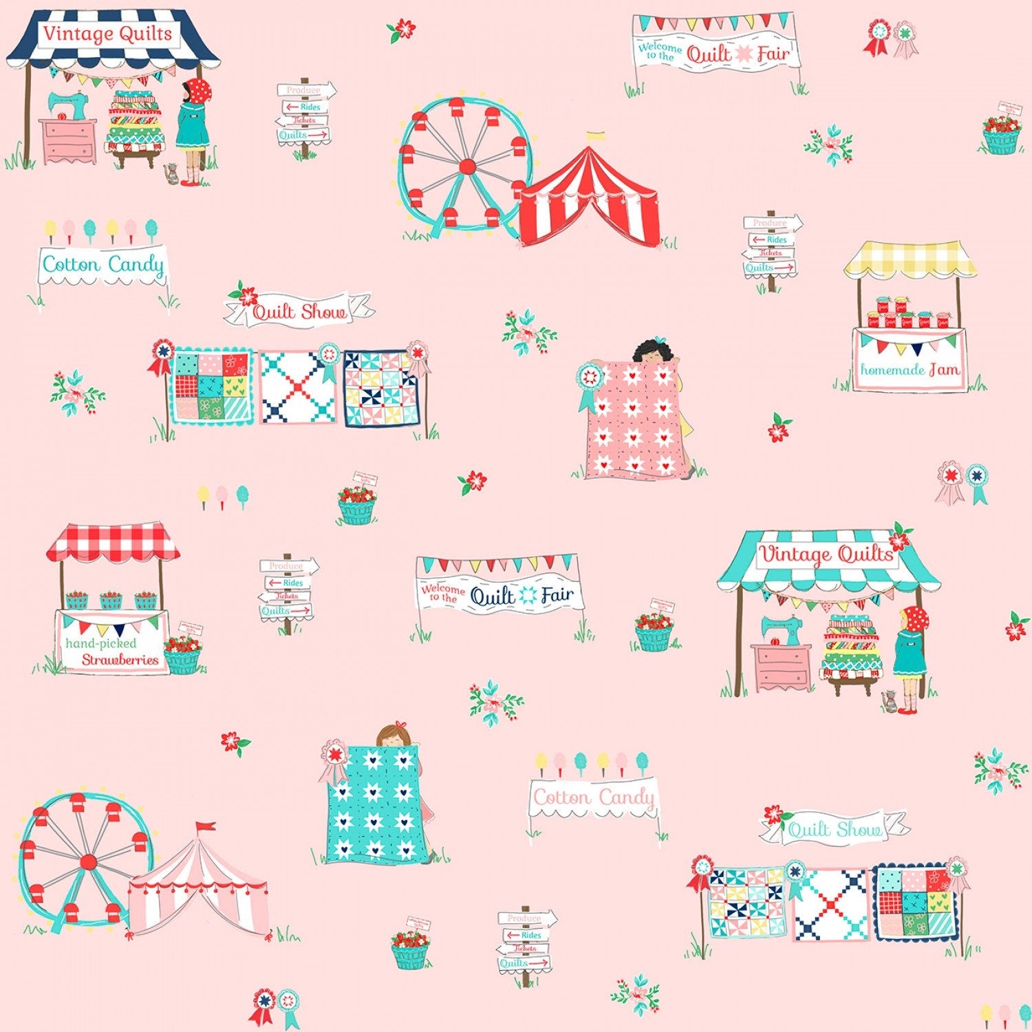 Quilt Fair pink yardage, Flowers, Quilts, Fair Scene, Pink, White, Ril -  Keri Quilts