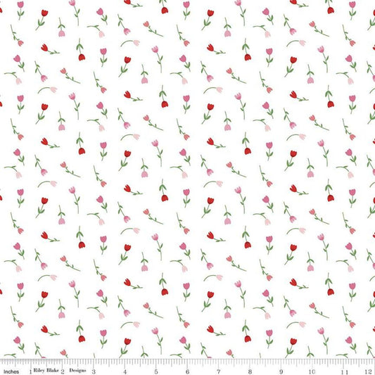 Falling in Love Tulips - White Floral Yardage, Tulips, Pink, Riley Blake,  Cotton Fabric Yardage