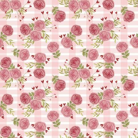 Hugs, Kisses and Special Wishes - Pink Rose Yardage, Valentines Day, Pink, Heart Bouquet, Beth Albert, Cotton Fabric