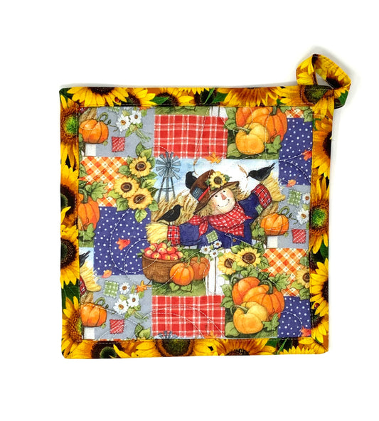 Fall Pot Holder, Large 9x9, Hanging Loop, Scarecrow, sunflowers, pumpkins, Hot pad, orange, yellow, blue, Mini Quilt