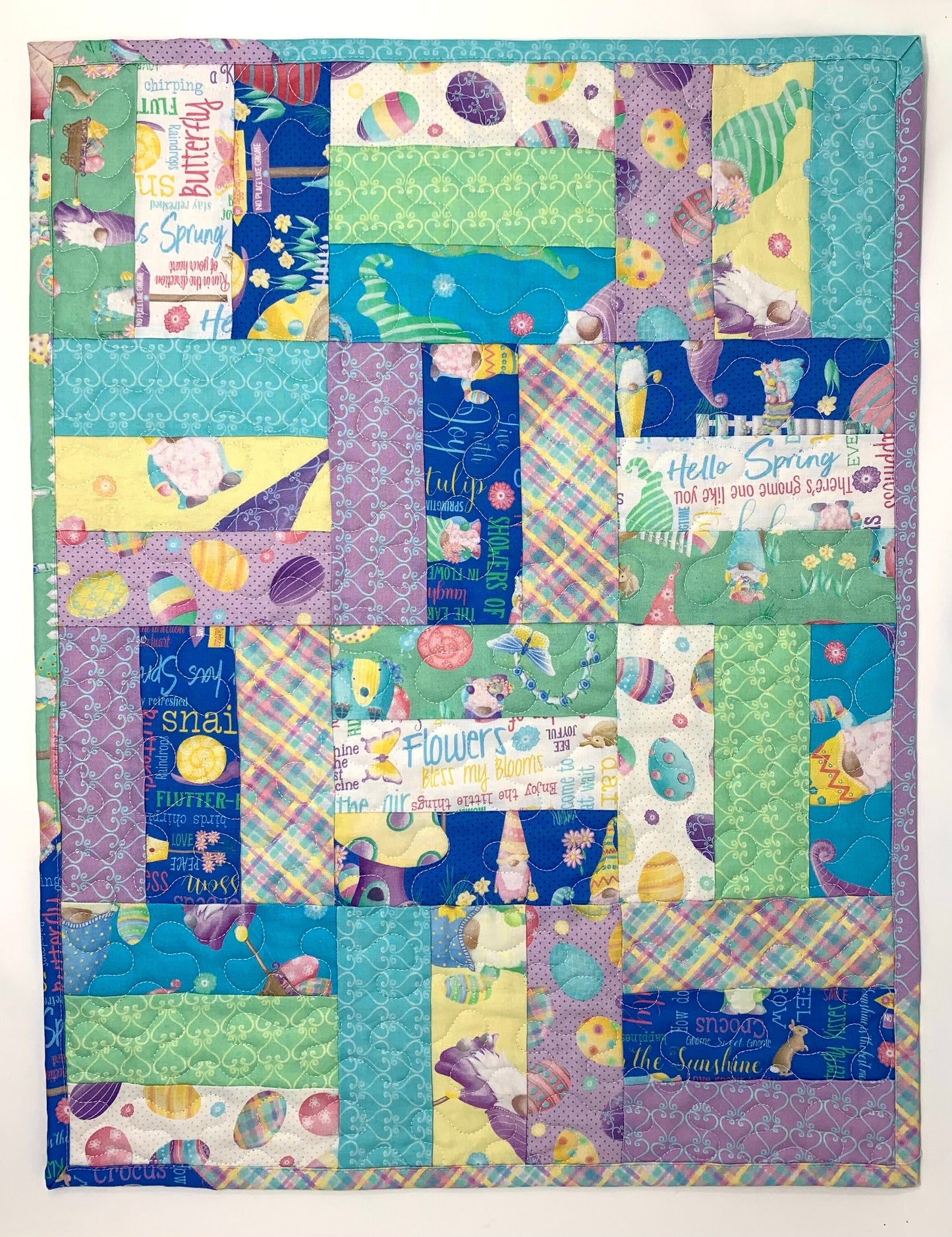 Easter Table Runner, Table Topper, Rectangular Quilt, Purple, Yellow, Gnomes, Eggs, Spring, Handmade Table Runner Quilt