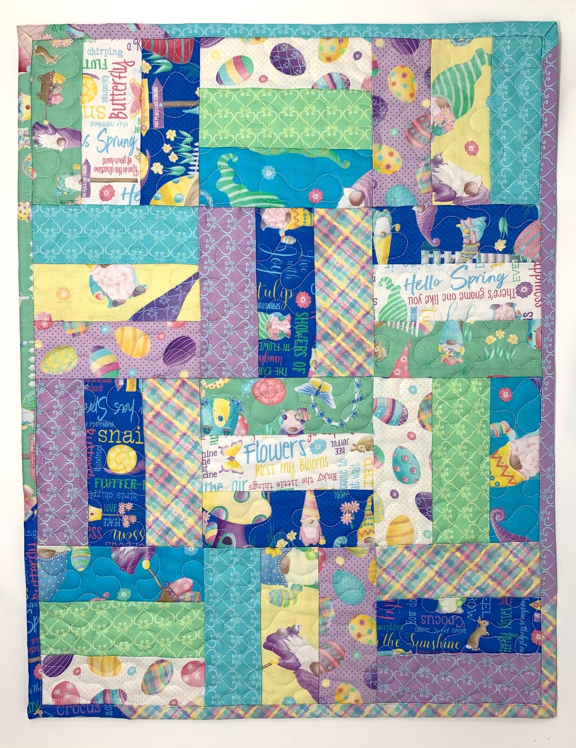 Easter Table Runner, Table Topper, Rectangular Quilt, Purple, Yellow, Gnomes, Eggs, Spring, Handmade Table Runner Quilt
