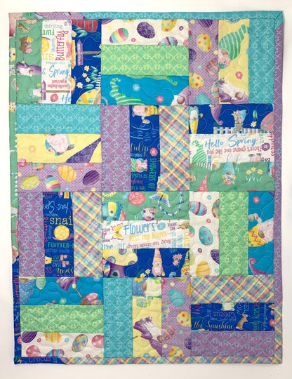 Easter Table Runner, Table Topper, Rectangular Quilt, Purple, Yellow, Gnomes, Eggs, Spring, Handmade Table Runner Quilt