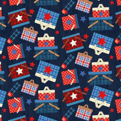Patriotic Yardage, Patriotic Picnic, Red, White, Blue, Baskets, Henry Glass Fabrics