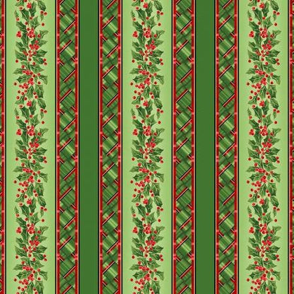 Green Christmas Stripe Yardage, Evergreen Bows, Metallic Holly, Maywood Studio, Fabric Yardage
