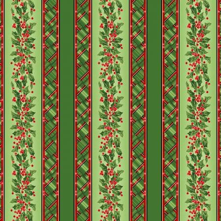 Green Christmas Stripe Yardage, Evergreen Bows, Metallic Holly, Maywood Studio, Fabric Yardage