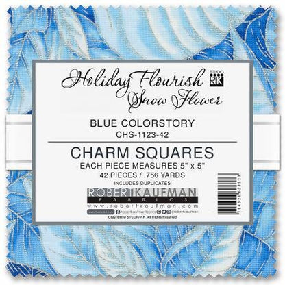 Holiday flourish-Snow Flower, Charm Pack Squares- Blue Colorstory, 5 inch Squares, 42 pieces, Robert Kaufman, CHS-1123-42